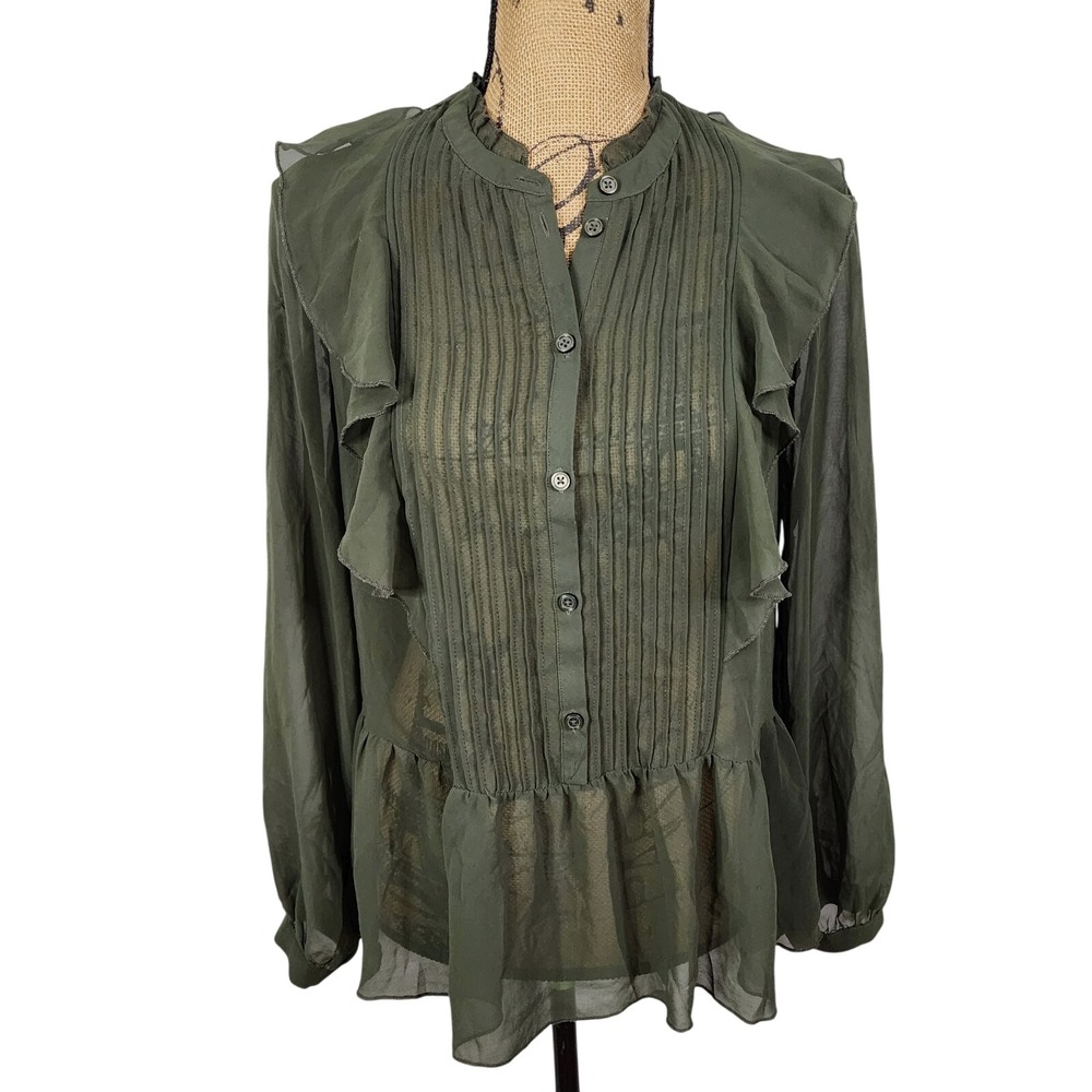 WHO WHAT WEAR‎ Size Small Sheer Green Box Pleated Ruffle Cottagecore Boho Blouse